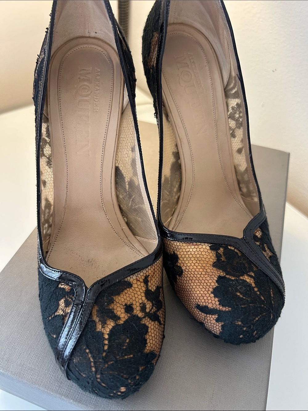 Alexander McQueen Black Lace and Nude Peep-Toe Pumps